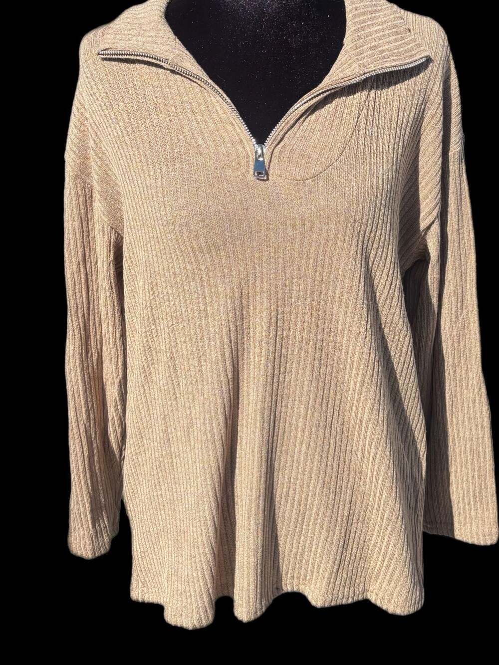 DAZY Tan Ribbed Quarter-Zip Drop Shoulder Sweater